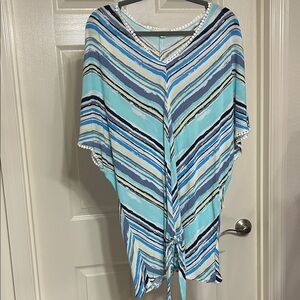 Suzanne Betro Striped Tunic or Beach Cover up Diagonal Stripes Crochet Trim XL